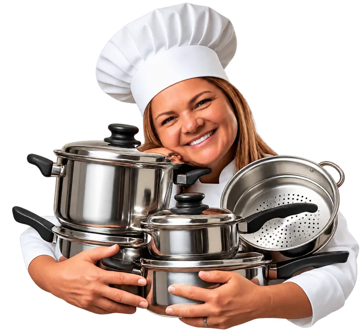 Alba con su gorro de cocinera y utensilios Saladmaster